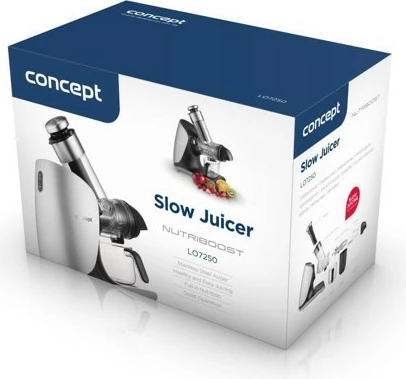 Počasen sokovnik za sadje in zelenjavo Concept Nutriboost LO7250, 200 W, 0,6 L, inox vijak, odprtina 76 mm, 65 dB, črno/krom