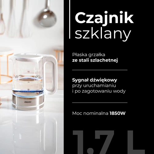 Električni čajnik iz stekla Mesko MS1301, 1,7 L, nadzor temperature, LED, bel