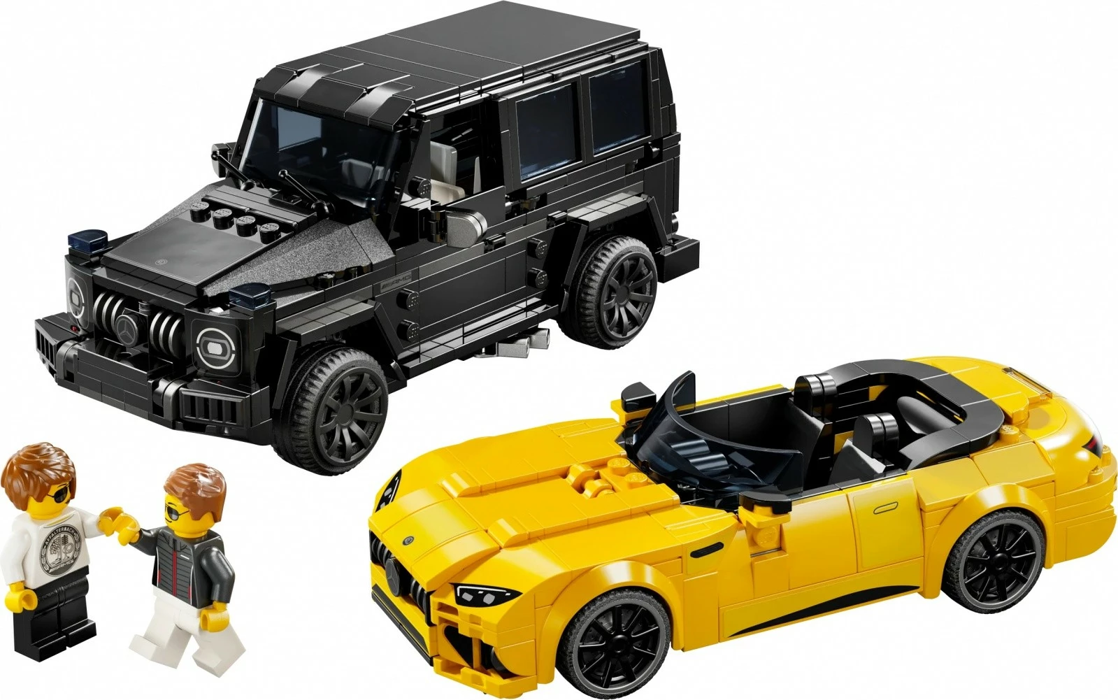 Igralni komplet LEGO Speed Champions z Mercedes‑AMG G 63 in Mercedes‑AMG SL 63, 806 delov, črn in rumen