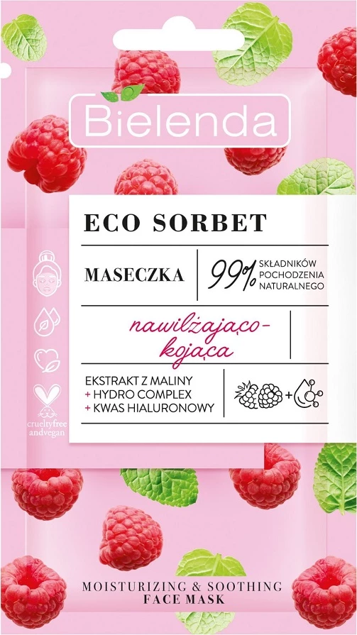 Vlažilna in pomirjujoča maska za obraz Bielenda Eco Sorbet Malina, za ženske, 8 g