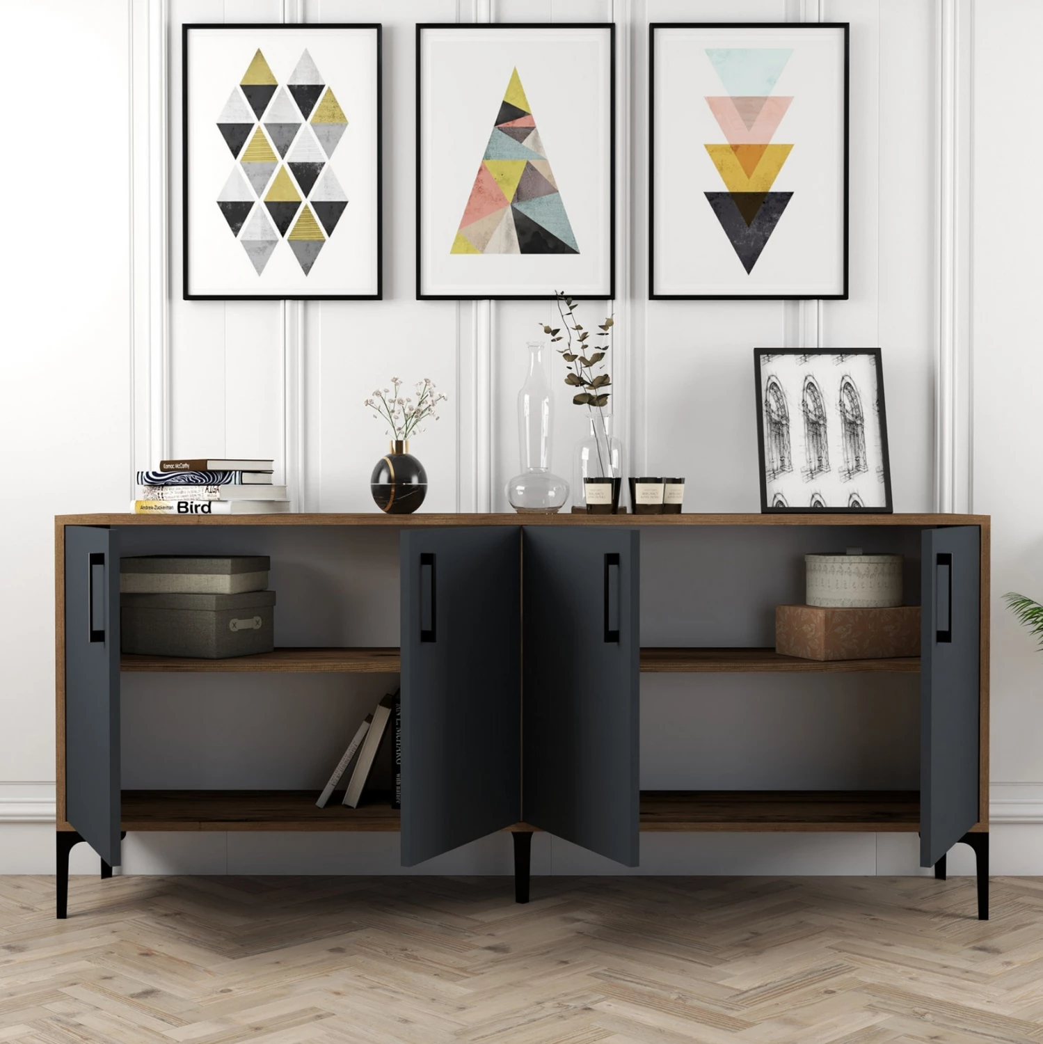 Bufet iz melamina v barvi oreha z vrati v ogleno sivi barvi 180x35x78H cm FH9428.01