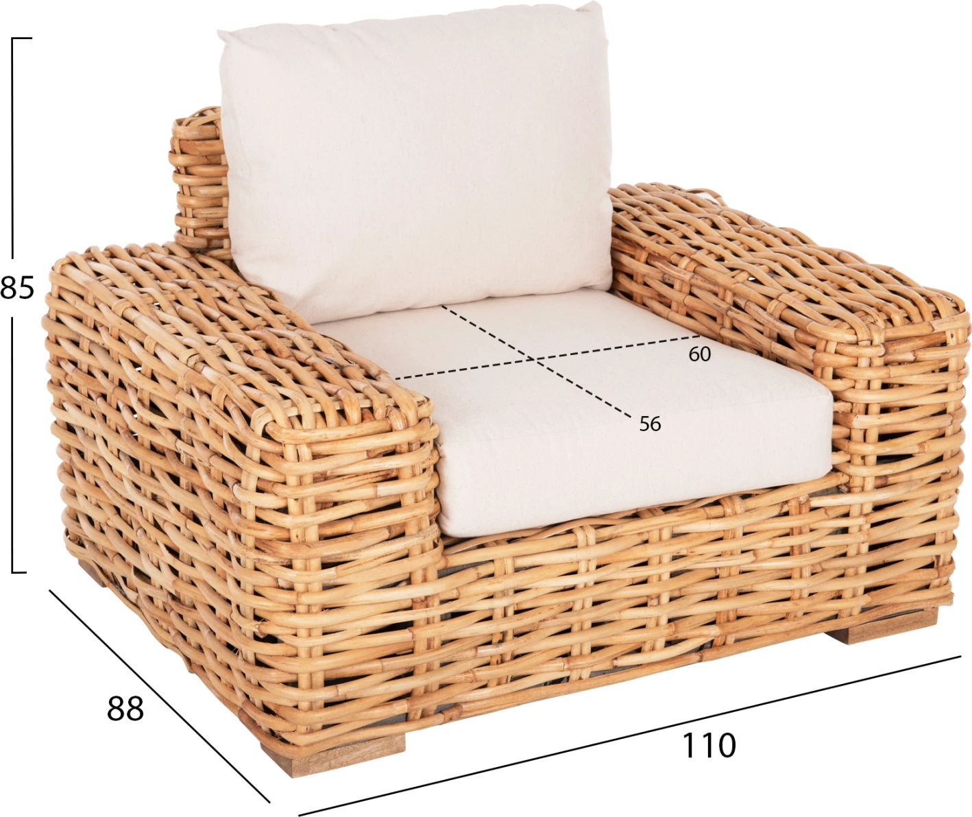 Zunanji ležalnik TROPEL FH9810 iz mangovega lesa in ratana naravno-bela z blazinami 110x88x70-85H cm
