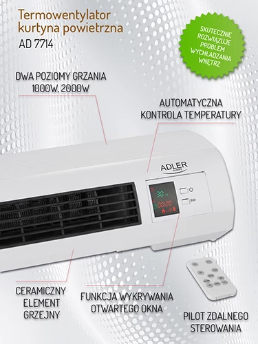 Grelna zračna zavesa za stensko montažo Adler AD 7714, max. 2200 W, 2 stopnji 1000/2000 W, keramični element, termostat 7–38 °C, tedenski časovnik, daljinski upravljalnik, bela