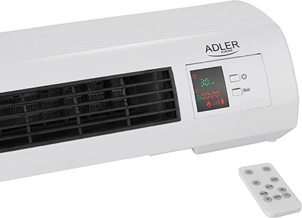 Grelna zračna zavesa za stensko montažo Adler AD 7714, max. 2200 W, 2 stopnji 1000/2000 W, keramični element, termostat 7–38 °C, tedenski časovnik, daljinski upravljalnik, bela