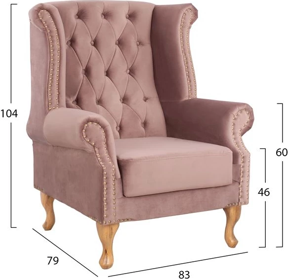 Fotelj iz žametne tkanine v prašno roza barvi POLINA 83x75x107Hcm FH0053.05