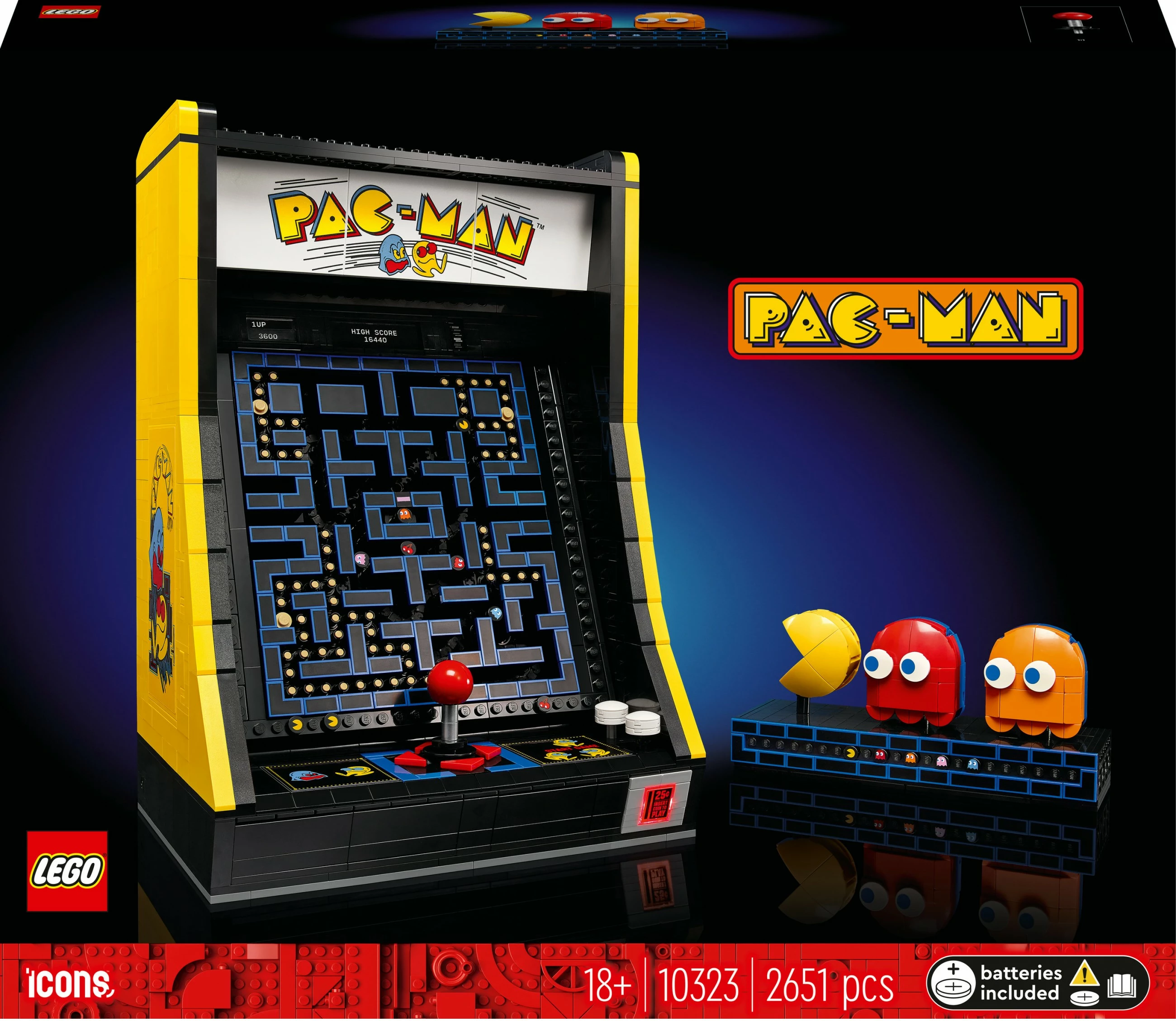 Rekonstrukcija arkadne igre PAC-MAN, LEGO Icons PAC-MAN Arcade 10323, 2651 kosov, večbarven