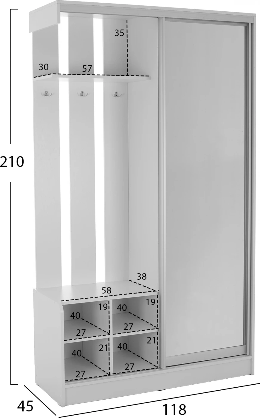 Pohištvo za vhod s premično omaro in ogledalom DULCE belo FH2424.03 118x45x210 cm