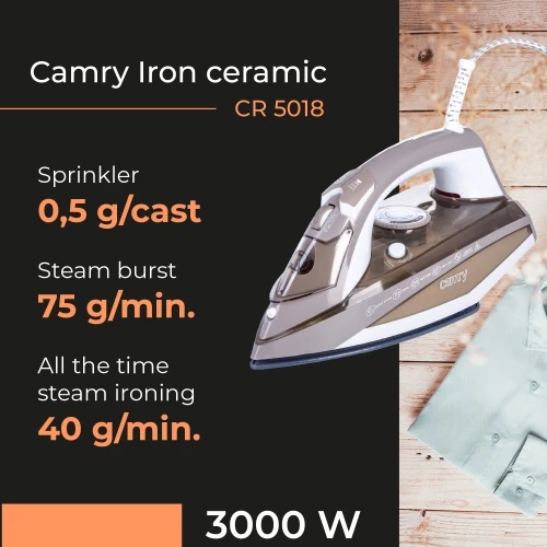 Parni likalnik, 3000 W, keramična likalna plošča, rezervoar 320 ml, kabel 1,9 m, zlata, Camry CR5018