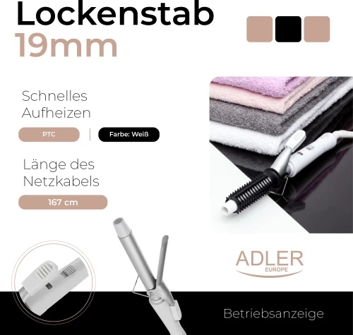 Kodralnik za lase Adler AD 2105, 19 mm, keramičen, 25 W, hitro PTC ogrevanje, z krtačo, bel/srebrn