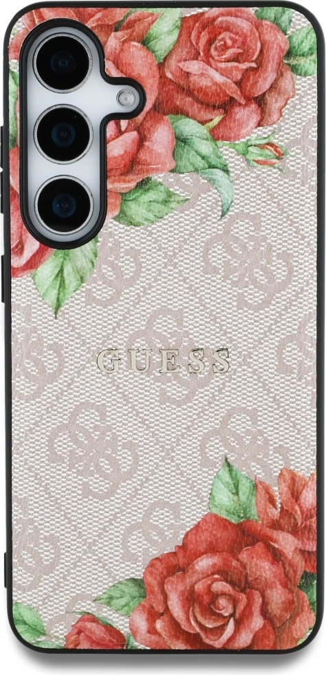 Ovitek za telefon z rožnim potiskom, MagSafe — Guess Leather 4G, kovinski klasični logotip, za Samsung Galaxy S25, rožnat