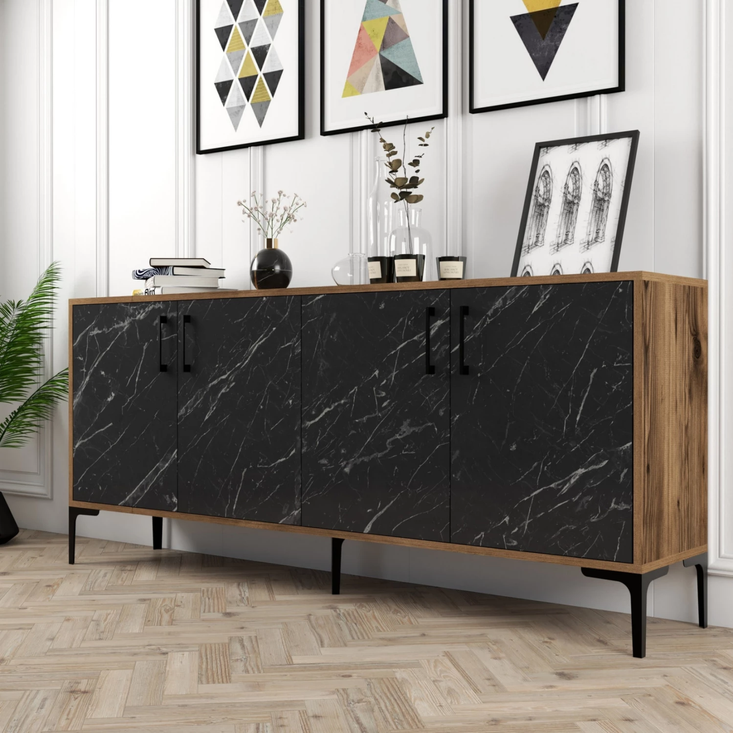 Bife FH9428.03 melamin oreh z vrati v videzu črnega marmorja 180x35x78H cm