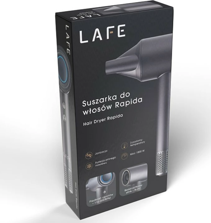 Sušilnik za lase Lafe Rapida (LAFSUS47461) BLDC 1600 W, 4 stopnje toplote, 2 hitrosti, ionizacija, turbo, hladni sunek, z nastavkom koncentrator, grafit