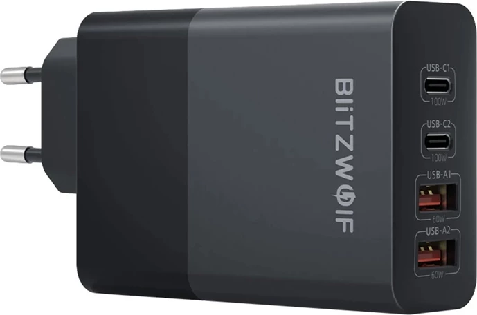 Polnilec 120W, BlitzWolf BW-S29, 2x USB-C, 2x USB-A, črn