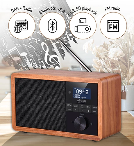 Radio, rjav Adler AD 1184, DAB/DAB+, FM, Bluetooth 5.0, 3W, LCD, USB/SD, alarm