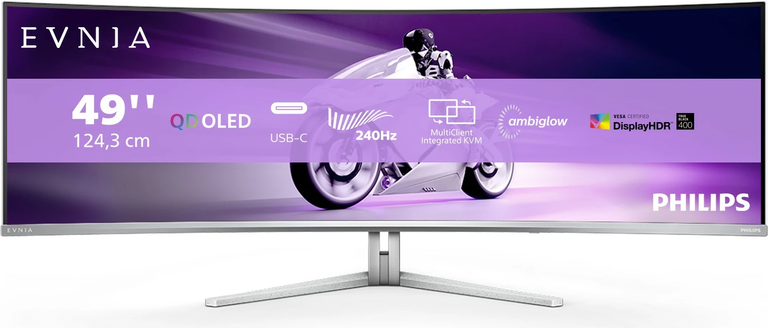 Ultraširok QD-OLED zaslon 49 inč, 5120x1440, 32:9, Ambilight, USB-C - Philips 49M2C8900, bel
