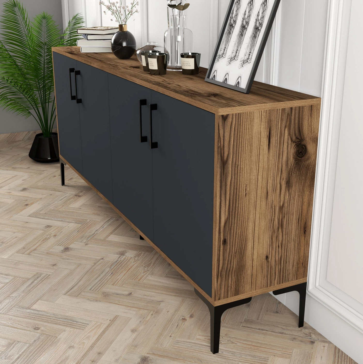 Bufet iz melamina v barvi oreha z vrati v ogleno sivi barvi 180x35x78H cm FH9428.01