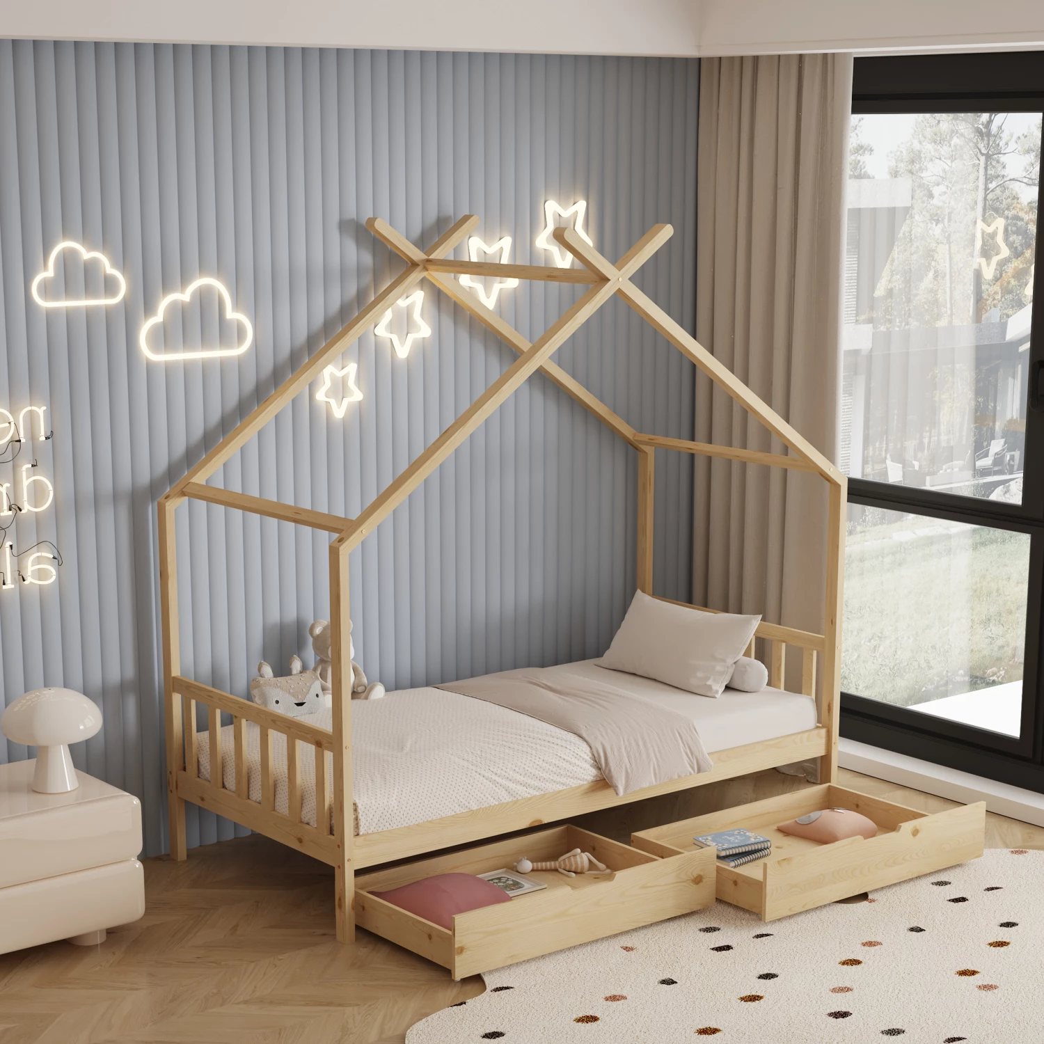 Postelja za otroke KLARICE FH680.01 t.MONTESSORI-2 predala- masivni bor v naravni barvi- 190x90cm