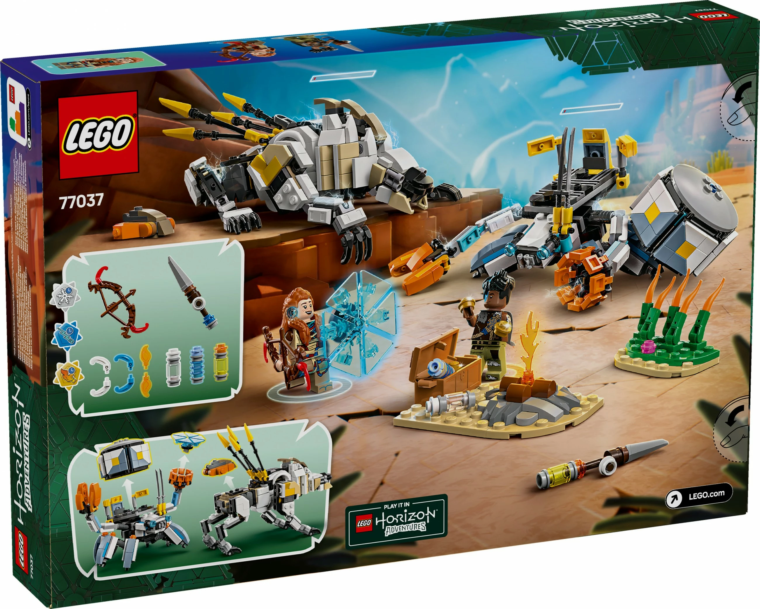 Set gradnje Horizon Adventures 77037, Aloy & Varl proti Shell-Walker & Sawtooth, 768 kosov, večbarven