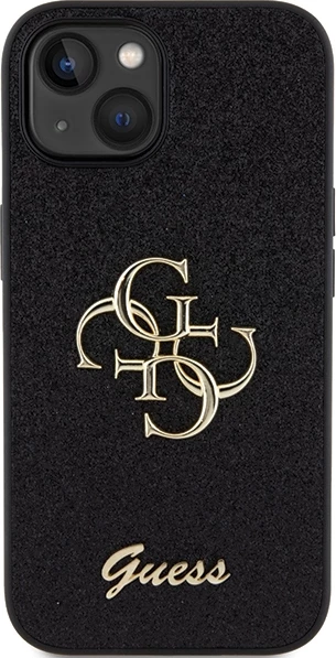 Ovitek za telefon s bleščicami, Guess Glitter Script Big 4G za iPhone 15, črn