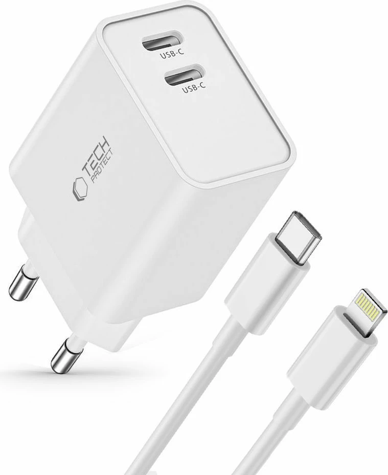 Stenski polnilec z 2 USB-C PD 35W in USB-C na Lightning kablom Tech-Protect C35W, bel