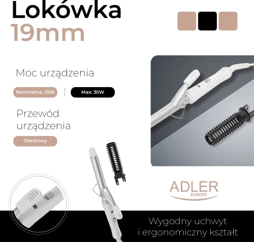 Kodralnik za lase Adler AD 2105, 19 mm, keramičen, 25 W, hitro PTC ogrevanje, z krtačo, bel/srebrn