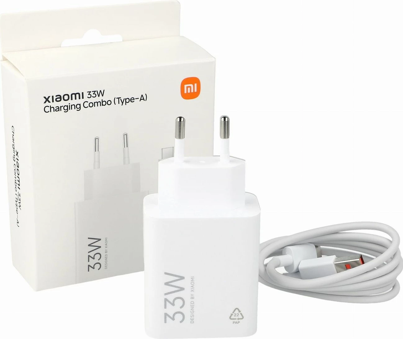 Stenski polnilnik 33W, 1x USB-A z USB-C kablom 3A Xiaomi MDY-16-EF, EU vtič, bel