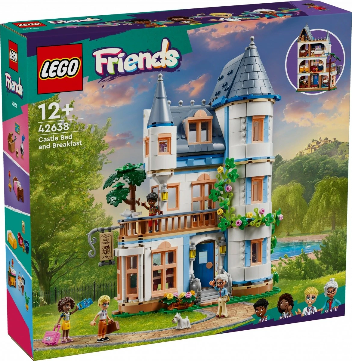 Gradna gostišča LEGO Friends Castle Inn 42638, 1311 kosov, za otroke 12+, s 4 mini-lutkami in psom, večbarvno