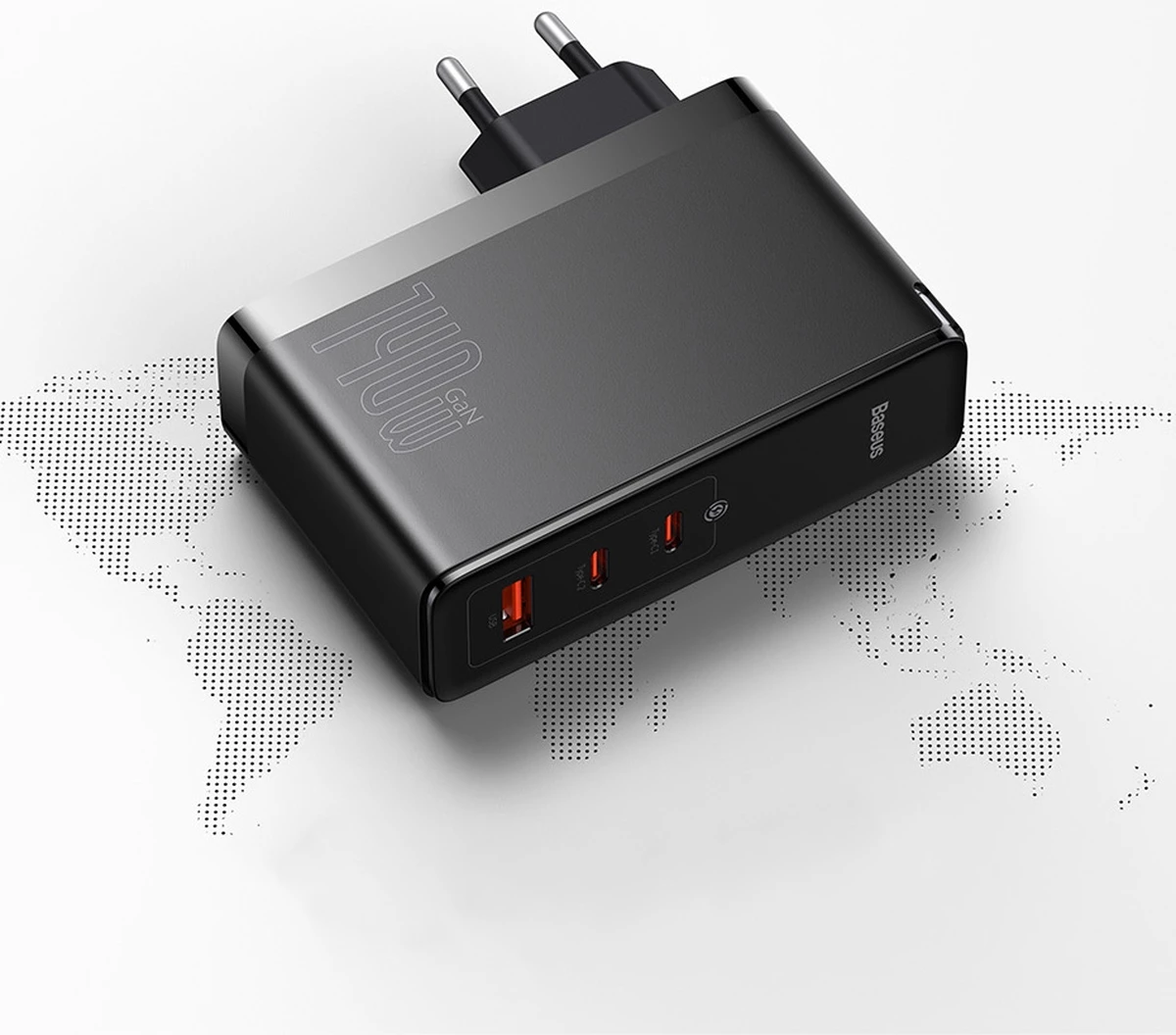 Hiter polnilec Baseus GaN5 Pro, 140 W, 2x USB-C + USB-A, EU, črn