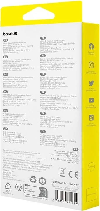 Kabelske slušalke za klice/muziko Baseus Encok HZ20, bele
