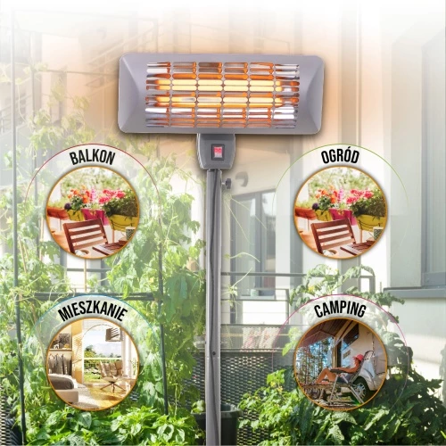 Stoječi grelec za teraso Adler Camry CR 7737, 1000/2000 W, kvarčni grelci, IP24, 14 m², višina 157–202 cm, siv