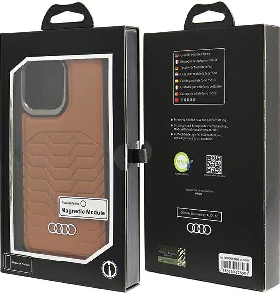Ovitek za telefon Audi za iPhone 14 Pro Max, sintetično usnje, MagSafe, rjav