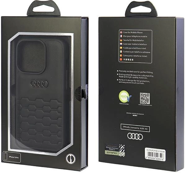Ovitek za telefon iz sintetičnega usnja Audi GT za iPhone 15 Pro, črn
