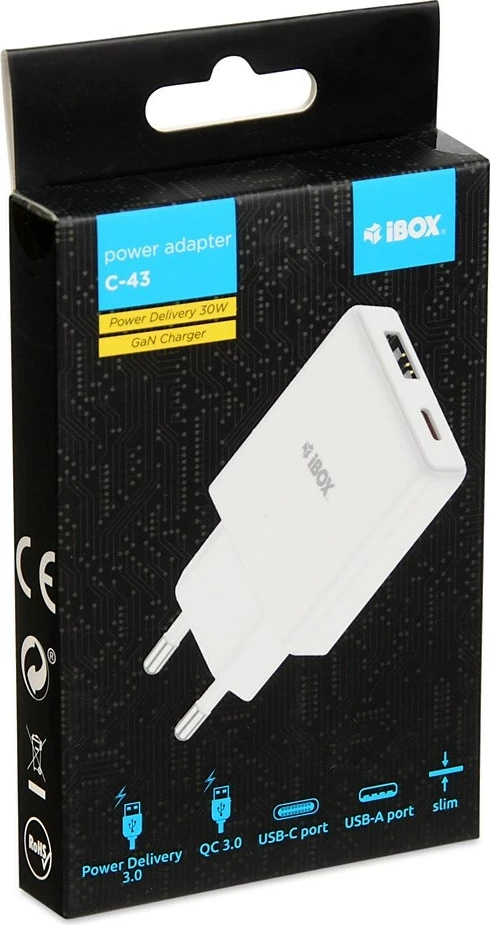 Kompakten zidni polnilec iBOX C-43 Slim GaN PD30W, bel
