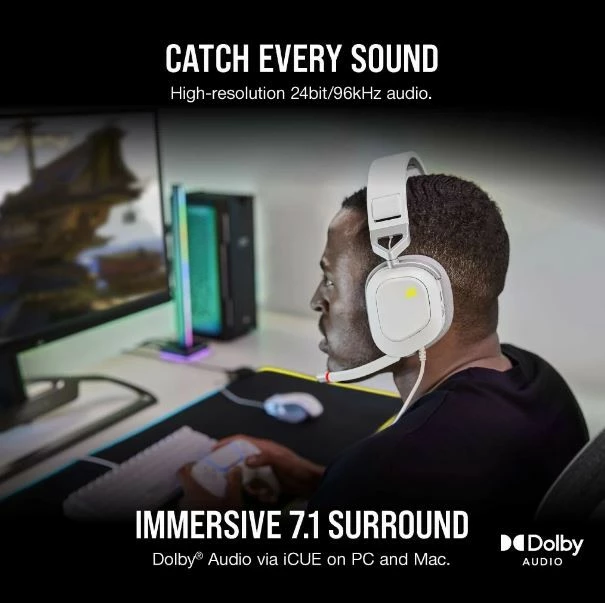 Slušalke za gaming z mikrofonom Corsair HS80 RGB USB, bele