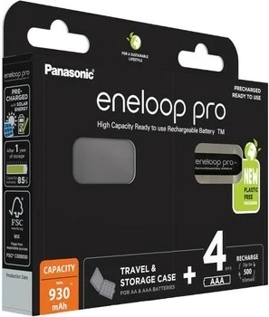 Polnilne baterije Panasonic Eneloop Pro BK-4HCDE/4CP+CASE AAA 930 mAh 4 kos, črne s škatlo