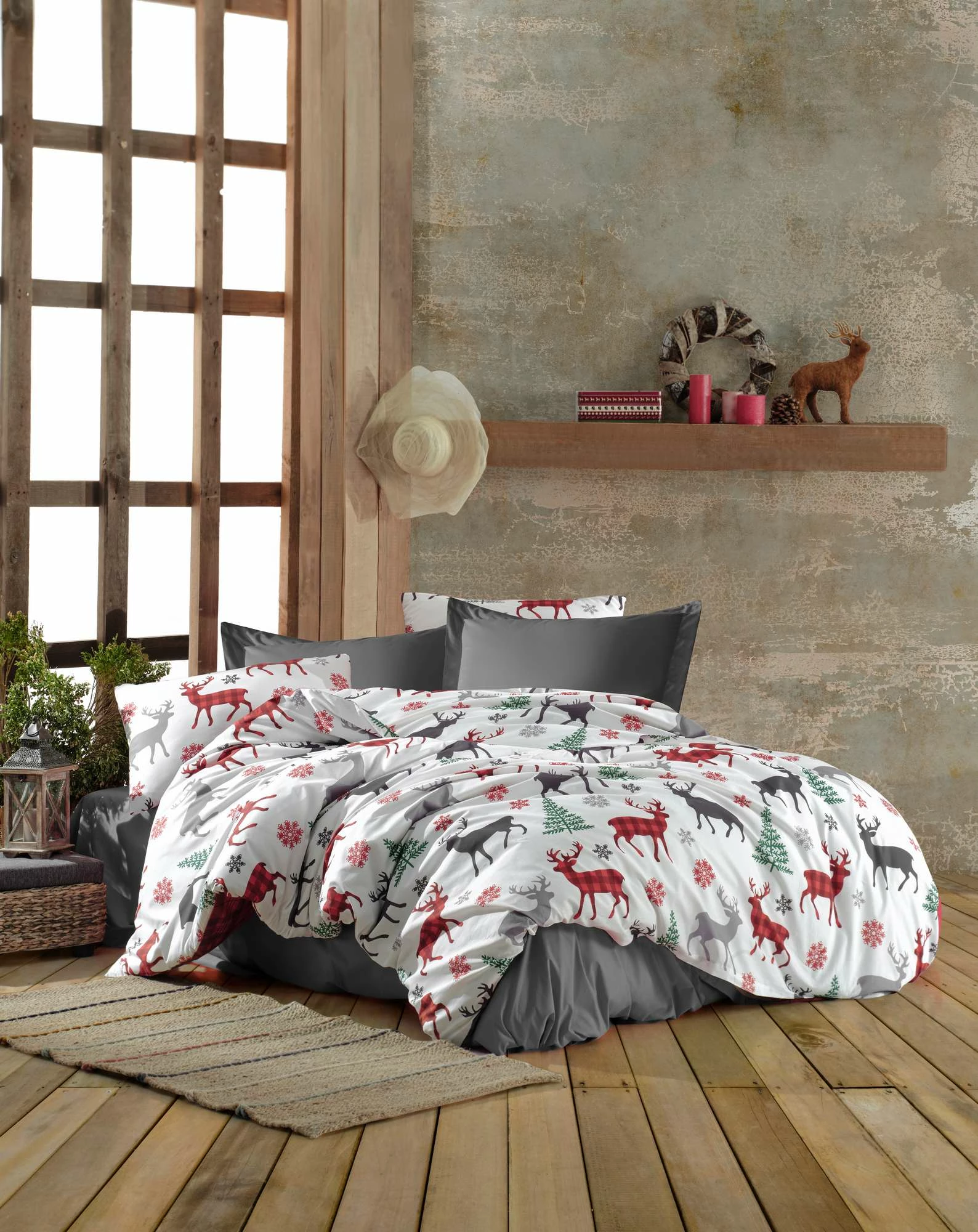 Prevleka za dvojno odejo, praznična tema, rdeča, bela, zelena, siva L'essentiel Chr-Coverset-1