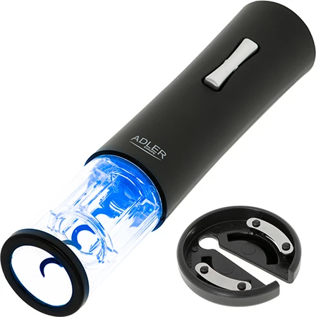 Električni odpirač vina Adler AD 4490, LED luč, rezalnik folije v kompletu, za zamaške 20–24 mm, 4xAA (brez baterij), črn