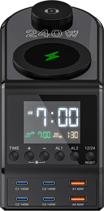 Budilka s polnilno postajo 10‑v‑1, BlitzWolf BW-FW10, 4x USB-C + 2x USB-A, 2 brezžični polnili (telefon 15W + pametna ura 5W), PD 3.1 do 240W, črna