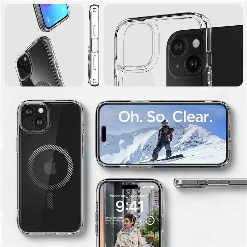 Ovitek za telefon Spigen Ultra Hybrid MagSafe za iPhone 15 Plus, prozoren/siv (carbon)