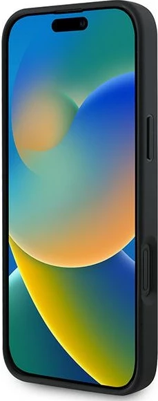 Zaščitni ovitek z zlatim logotipom Guess Grained Gold Ring MagSafe za iPhone 16 Plus, črn