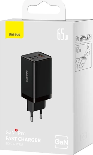 Stenski polnilnik 65W, 2x USB-C, 1x USB-A, z USB-C v USB-C kablom, črn — Baseus GaN5 Pro