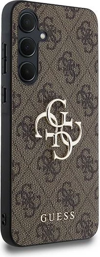 Ovitek z velikim metalnim logotipom 4G Guess za Samsung Galaxy A35, rjav