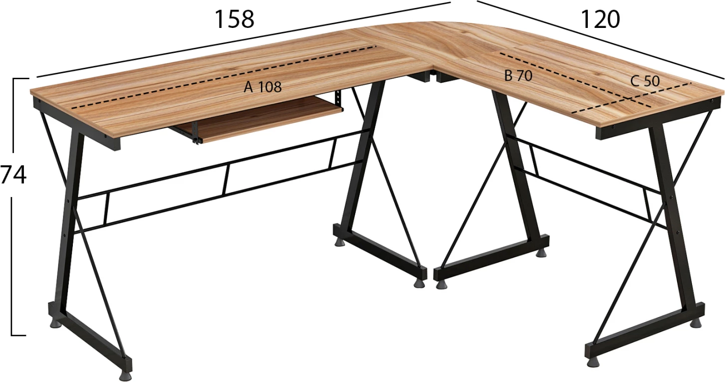Pisarniška miza v kotu z orehovim površjem in kovinskim okvirjem FH2127.02 158Χ120Χ74cm