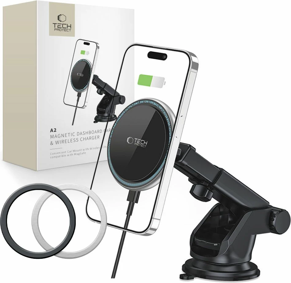 Magnetno držalo za pametni telefon s brezžičnim polnjenjem, 15 W, za armaturno ploščo, črno, Tech‑Protect A2