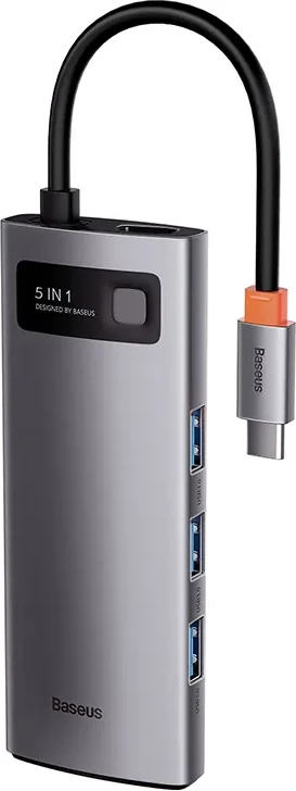 Adapter 5-v-1, Baseus WKWG020013, USB-C na 3x USB 3.0 + HDMI + USB-C PD, siv