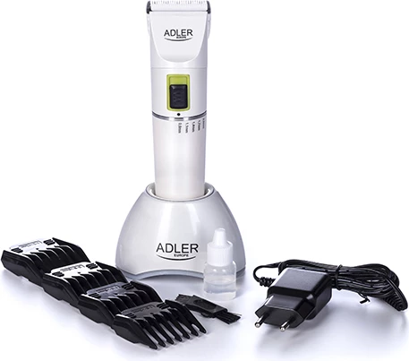 Strižnik Adler AD 2827, Li-Ion 2200 mAh, 5 ur, keramično/titanijasto rezilo, 2 hitrosti, 4 glavniki 3–12 mm, bel