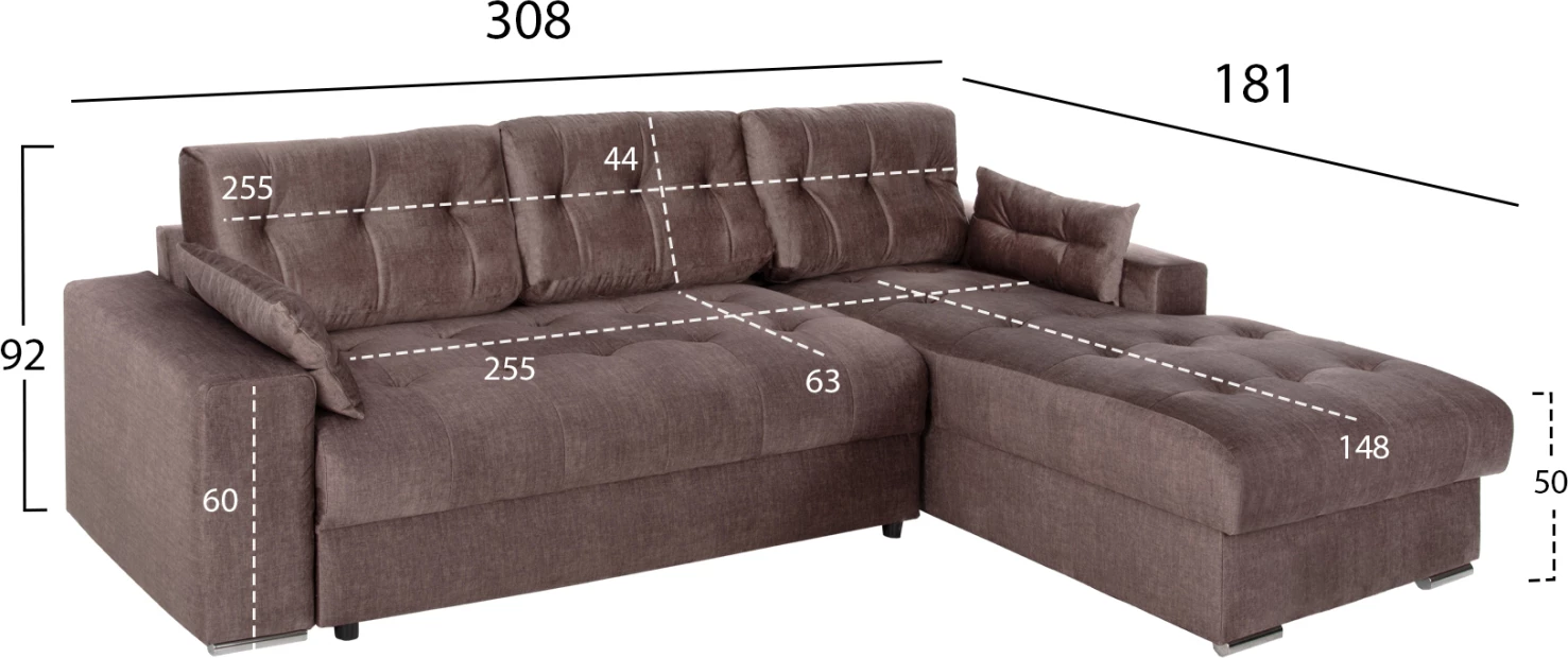 Kotna zofa-postelja s shranjevalnim prostorom CLANCY FH3281.03R rjava tkanina 308x181x92H cm
