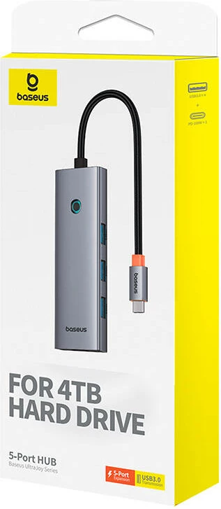Kompakten USB hub 5-v-1 Baseus UltraJoy BS-OH149, 4x USB 3.0 + USB-C PD 100W, siv