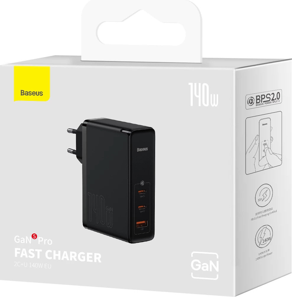Hiter polnilec Baseus GaN5 Pro, 140 W, 2x USB-C + USB-A, EU, črn