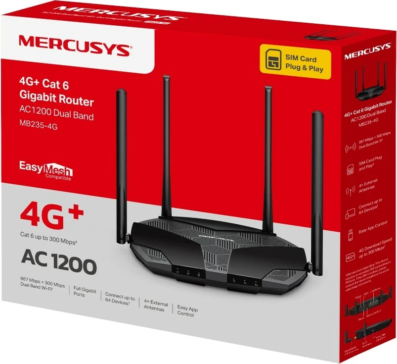 Ruter 3G/4G, 4 LAN porte, NanoSIM Mercusys MB235-4G, črn Ruter 3G/4G, 4 LAN porte, NanoSIM Mercusys MB235-4G, črn